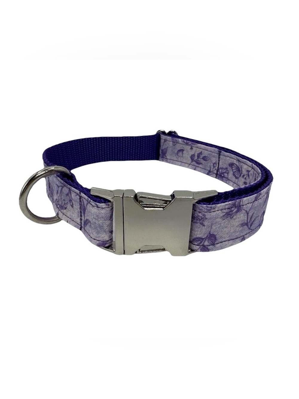 Dog Collar Purple Butterfly Flower Print Large Handmade Heavy Duty Metal Buckle